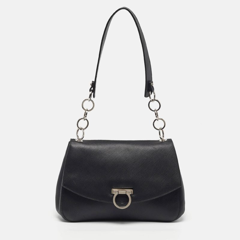 Salvatore Ferragamo Gancini Flap Black Leather Shoulder Bag